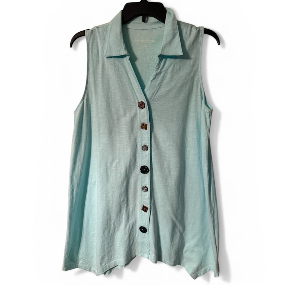 Soft Surroundings Aqua Sleeveless Button-Down Shirt